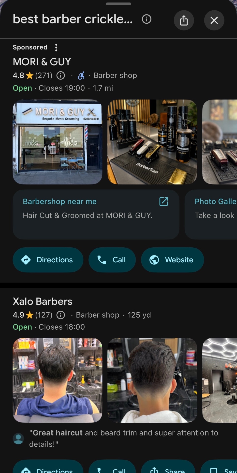 Google search results for best barber Cricklewood showing Xalo Barbers as the first organic result below a paid ad