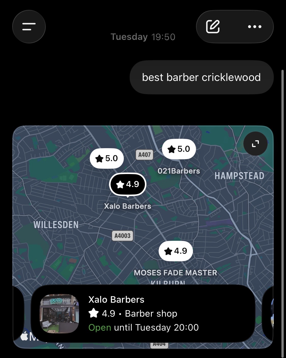 ChatGPT search result for best barber in Cricklewood showing Xalo Barbers in the top results