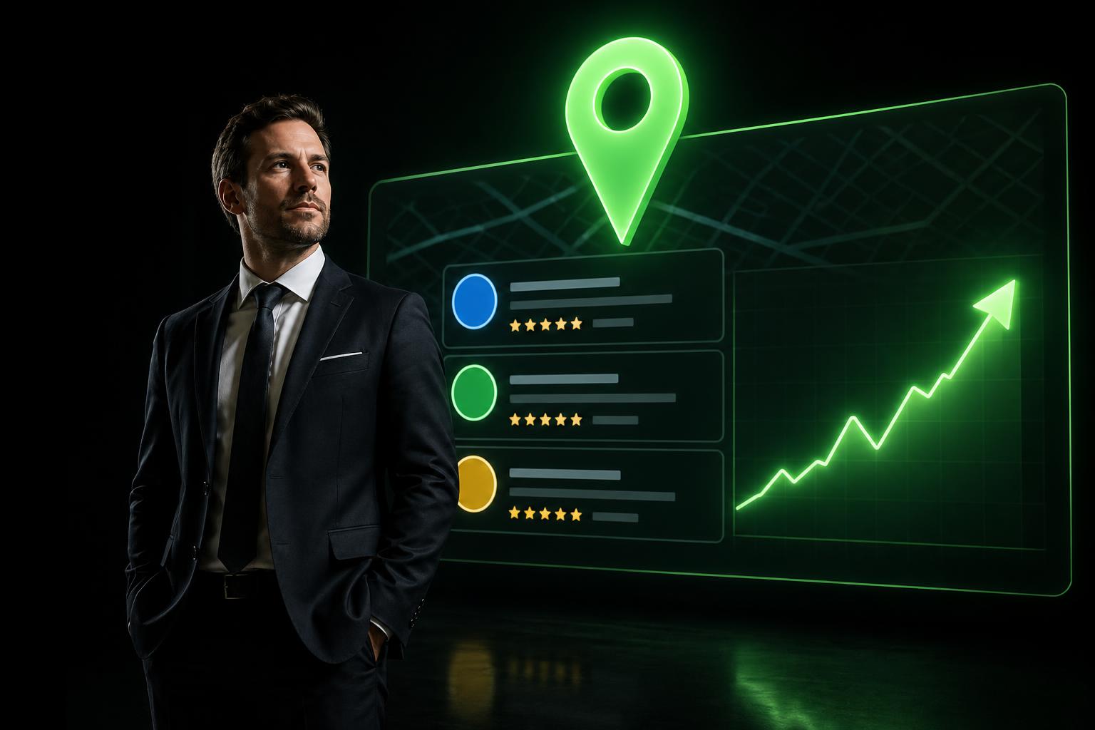 Local SEO expert showing top-ranked Google Maps results for a London business with growth charts