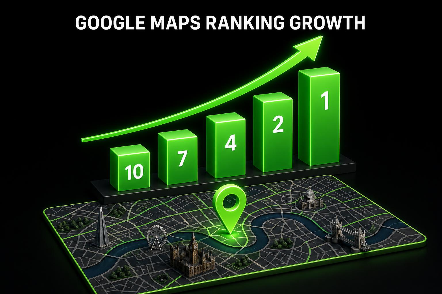 Infographic showing a London business climbing from position 10 to position 1 in Google Maps local rankings