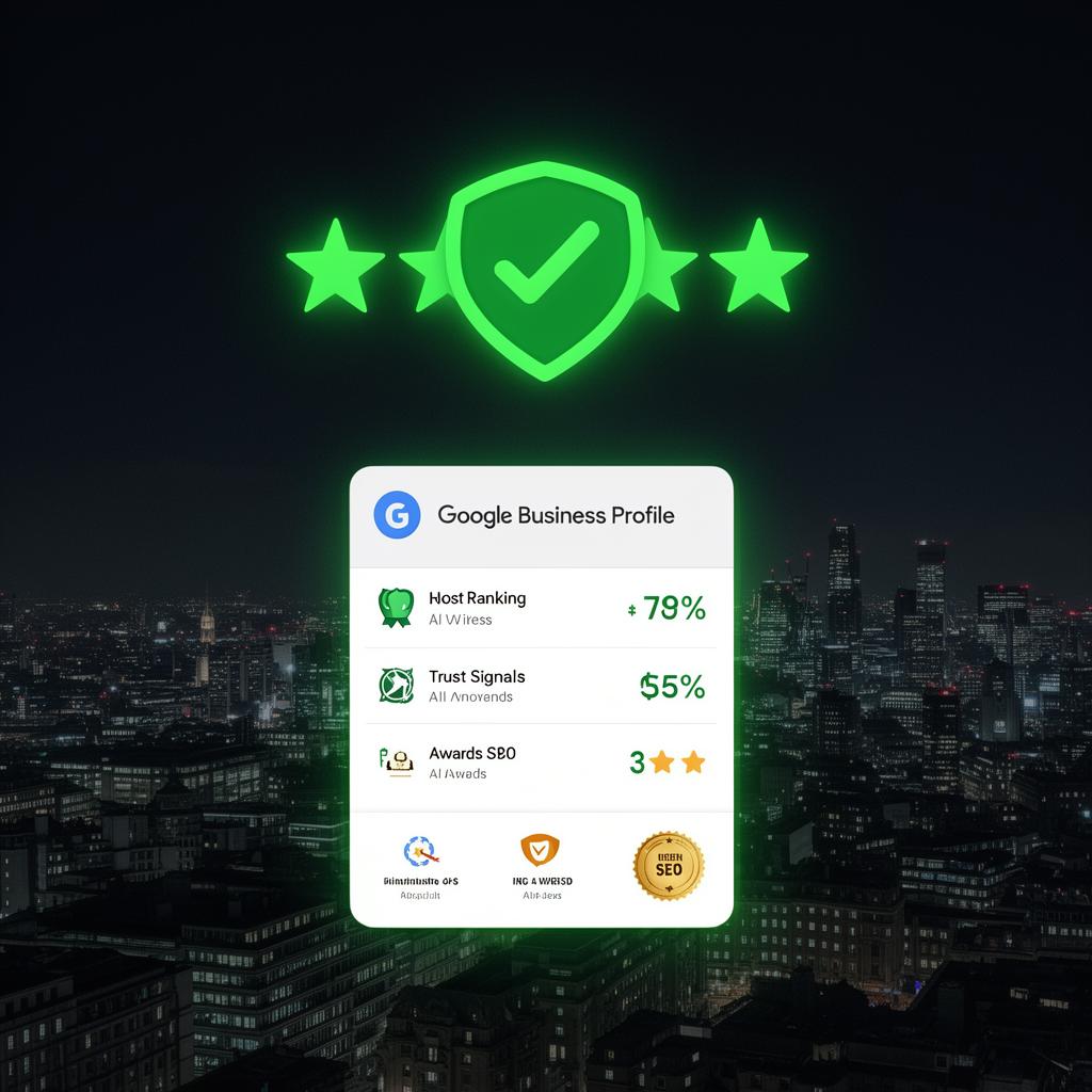 Google Business Profile trust signals: 5-star reviews, verified badge and ranking metrics over a London skyline