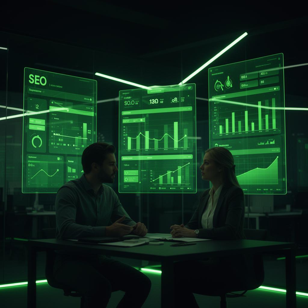 Consultation between two professionals with glowing SEO analytics dashboards